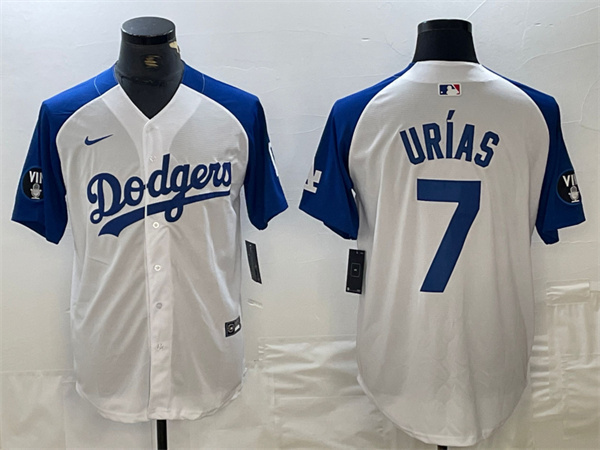 Men's Los Angeles Dodgers #7 Julio Urías White/Blue Vin Patch Cool Base Stitched Baseball Jersey